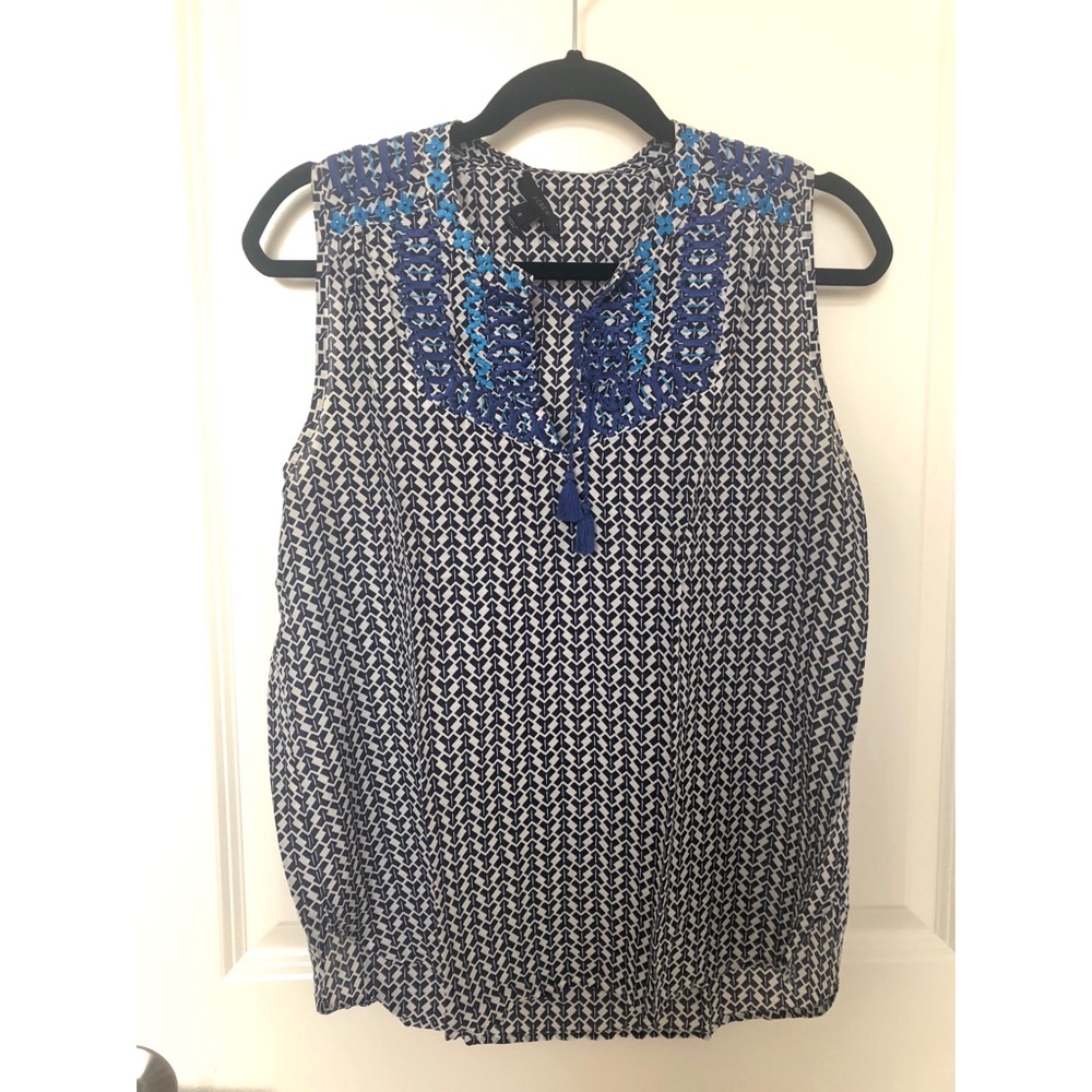 JCrew Embroidered Print Blouse with Tassel Tie